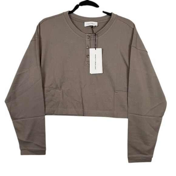 NEW! NINETY PERCENT Organic Cotton Crop Crew Button Neck Top Pebble OverSized XS - Picture 1 of 14